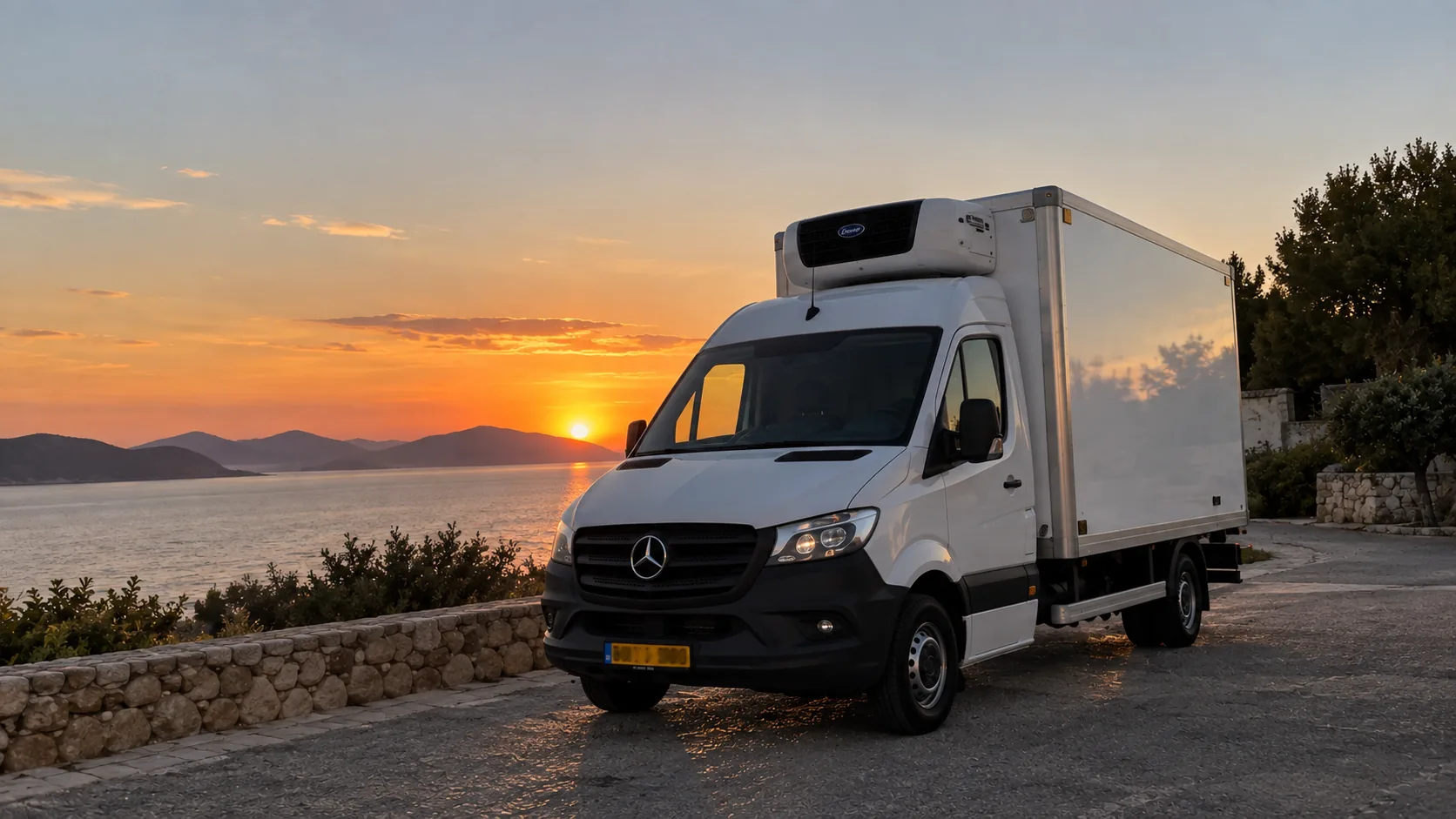 Λευκό Mercedes Sprinter με ψυγείο, παρκαρισμένο δίπλα στη θάλασσα την ώρα του ηλιοβασιλέματος